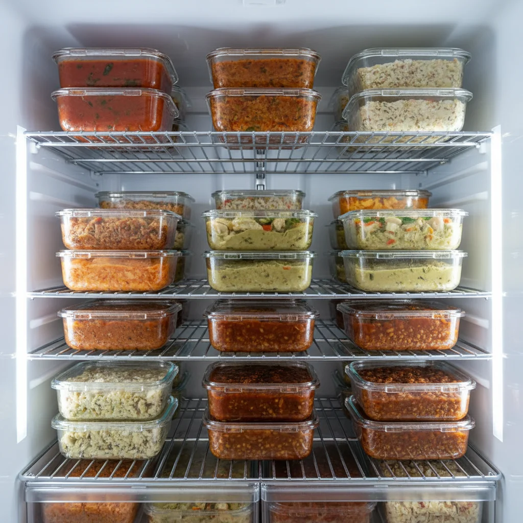 Organized freezer with labeled meal prep containers