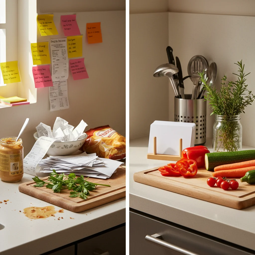Organized kitchen with fresh ingredients and a meal plan