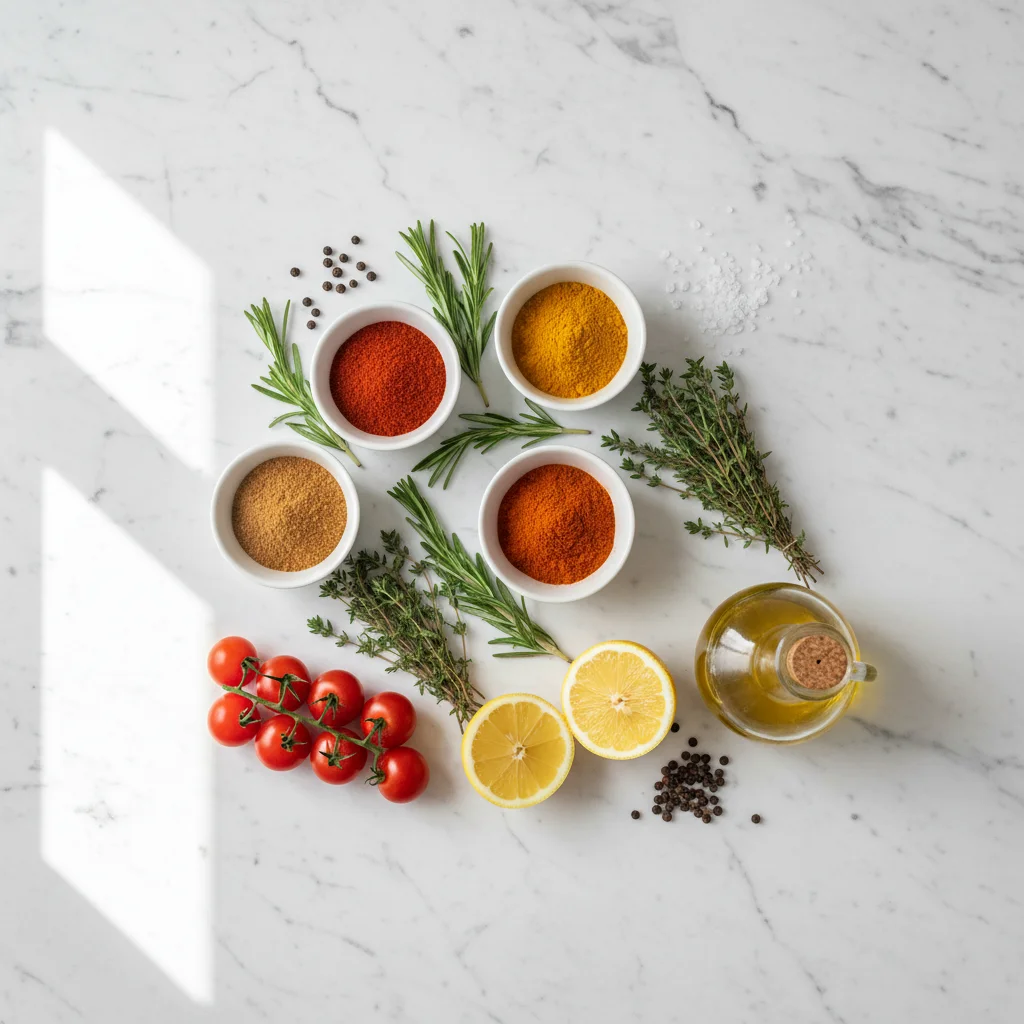 Fresh ingredients and spices on a marble counter